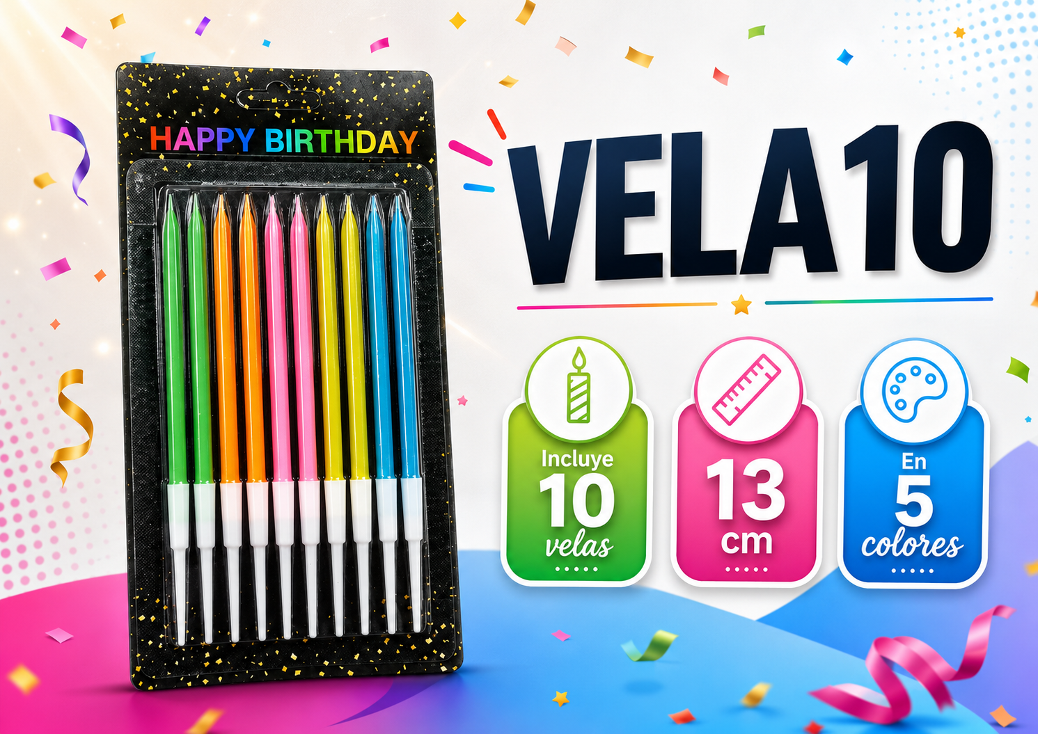 VELA10 – Pack de 10 velas de cumpleaños

Velas largas y coloridas, ideales para decorar tortas de cumpleaños, aniversarios y todo tipo de celebraciones.

Cada blister incluye 10 velas de 13 cm, presentadas en 5 colores surtidos: verde, naranja, rosa, amarillo y celeste. Su diseño fino y alargado aporta altura y un detalle llamativo a la decoración de la torta.

Incluyen soporte plástico individual para colocarlas de manera práctica y segura.

Características:

Contenido: 10 velas
Medida: 13 cm
Presentación: 5 colores surtidos
Incluyen soportes
Código: VELA10