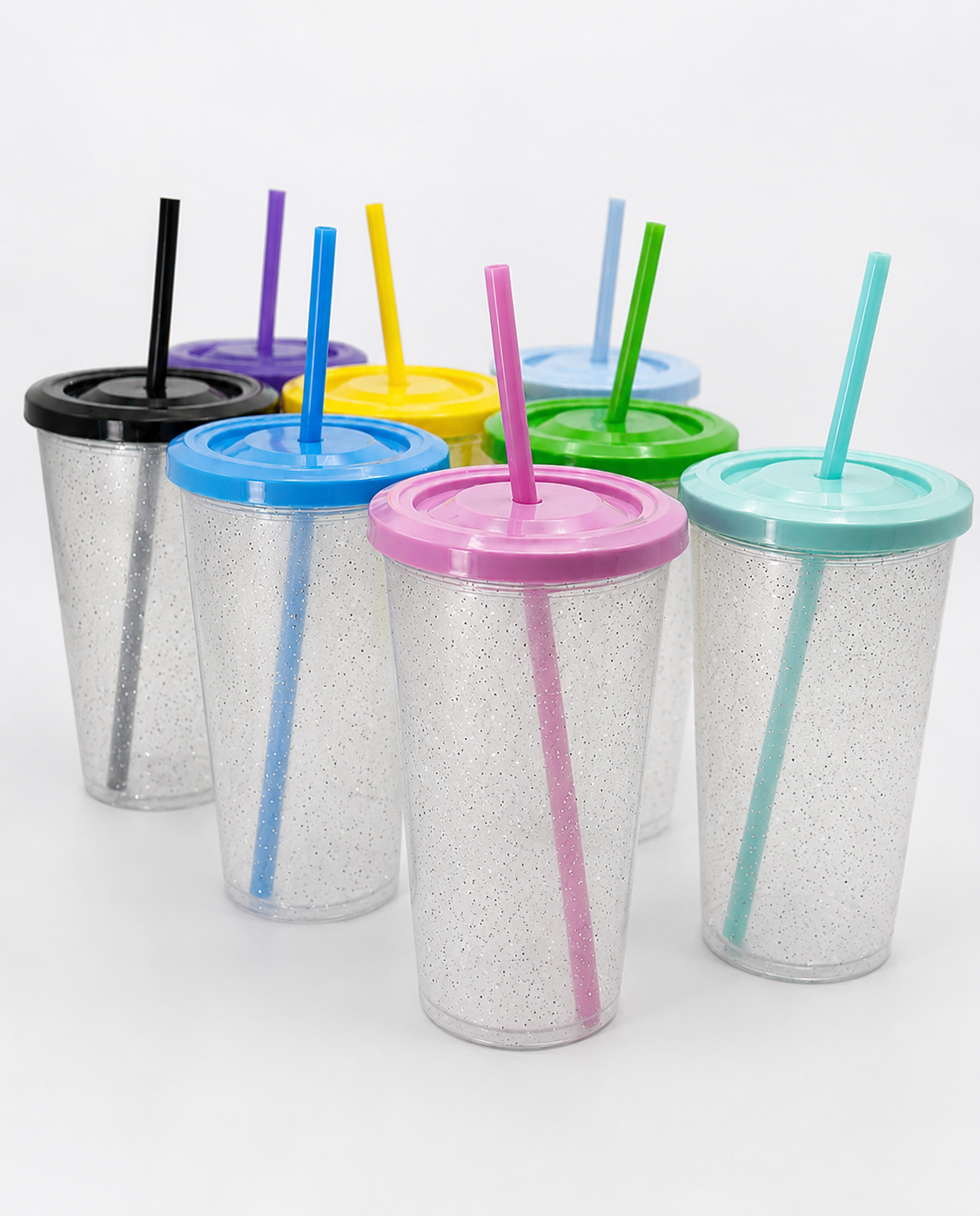Vaso GLITTER 475cc con tapa PLANA y sorbete REUTILIZABLE COLOR Medida 13cm de alto x 6cm de base. Tapa pasteles o fuertes . NOTA: con tapa transparente, el sorberte es de color