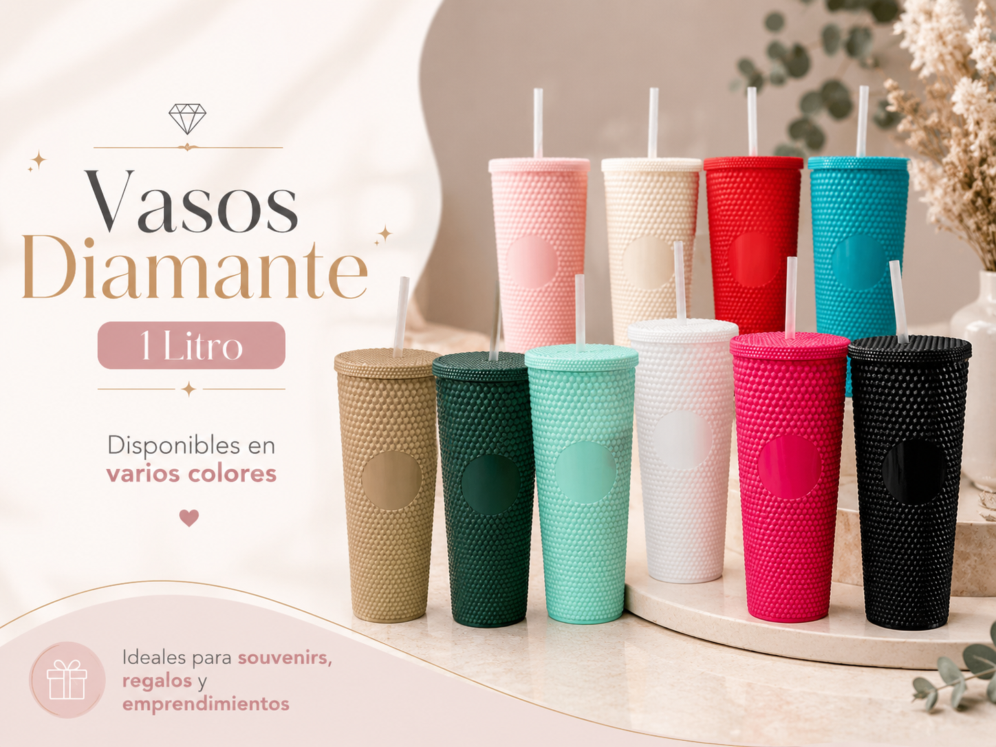 Vaso de plastico textura tipo diamante anti deslizante, tapa a rosca. Capacidad 1000ml, Incluye sorbete rigido transparente. Colores: Plateado, dorado, Blanco, Lila, Negro, Fucsia, Rosa Pastel, Turquesa. Verde Ingles, Rojo, azul y transparente. AREA DE IMPRESIÓN: 5 cm