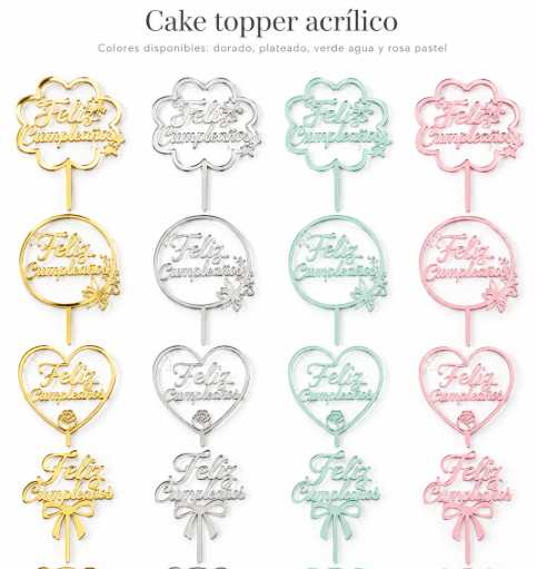 DESCRIPCION

Dale un toque especial a la torta con estos cake toppers acrílicos de Feliz Cumpleaños, disponibles en distintos diseños y colores para combinar con diferentes estilos de decoración. Su terminación brillante y su formato decorativo los convierten en una opción vistosa para tortas, mesas dulces y celebraciones, ideal tanto para uso particular como para cotillones, reposterías y revendedores.

CARACTERISTICAS

Material: acrílico
Medidas: 10x6cm
Colores disponibles: dorado, plateado, verde agua y rosa pastel
Diseños: modelos surtidos de Feliz Cumpleaños
Presentación: En blister
Terminación: brillante
Liviano y reutilizable

USOS E IDEAS

Ideal para decorar tortas de cumpleaños infantiles y de adultos, mesas dulces, fiestas temáticas y celebraciones especiales. Una excelente opción para quienes buscan cake toppers de Feliz Cumpleaños, adornos para tortas por mayor o accesorios de repostería para revender.

Las fotos son ilustrativas. Los diseños pueden variar según disponibilidad. Somos LPS FAJU, fabricantes y mayoristas de envases, souvenirs, packaging y artículos para fiestas y eventos.
Cake Topper Feliz cumpleaños - surtidos. . 10x6cm. 
Colores Verde agua  , Plateado, Dorado, Rosa Pastel