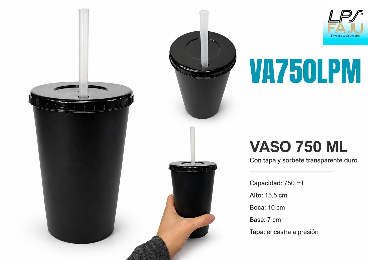 Vaso de plastico 750ml con tapa PLANA rigida y sorbete REUTILIZABLE (transparente)  . Medida alto 15cm - Base  7cm - Boca 9.5cm