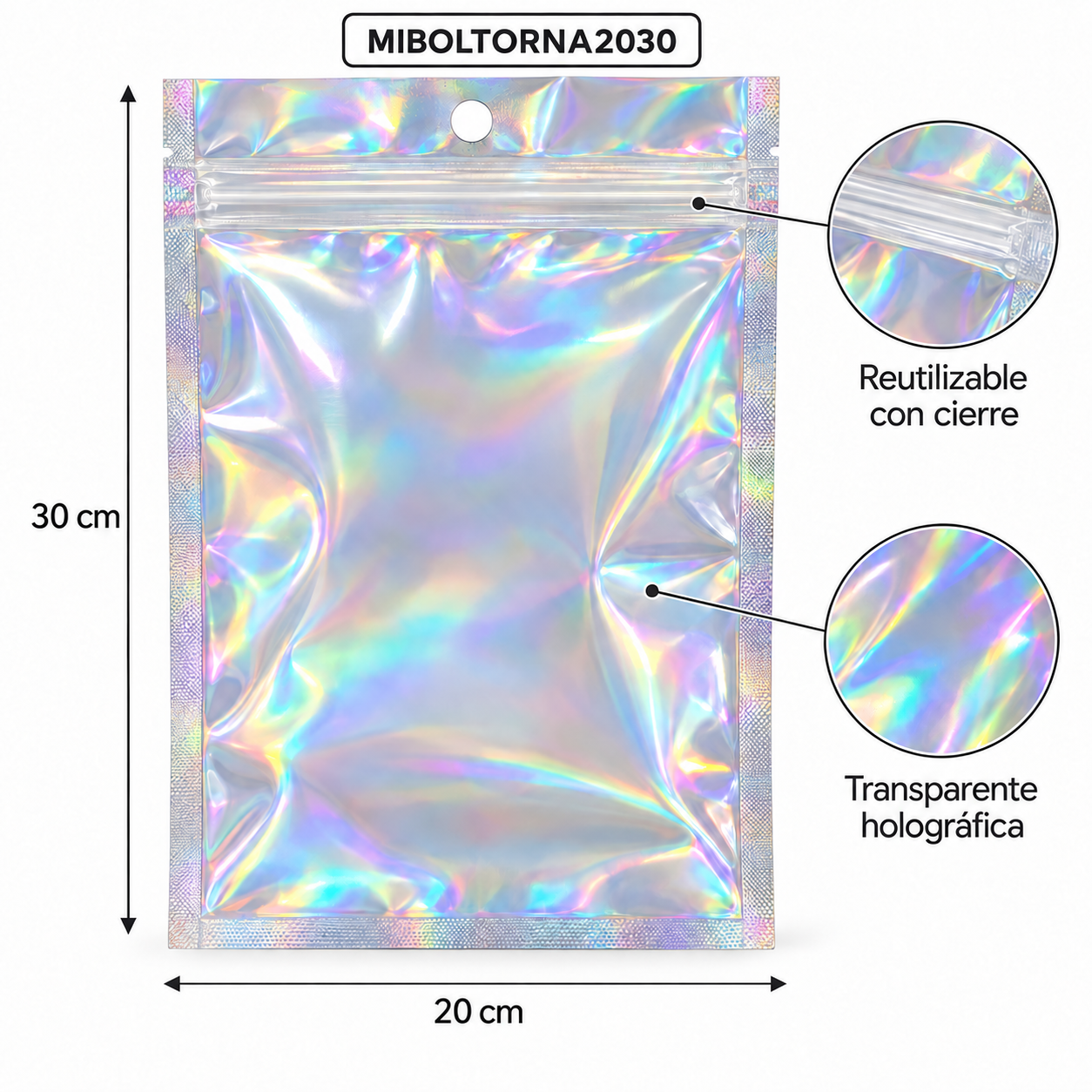 DESCRIPCION

Una opción llamativa y práctica para presentar productos con un efecto tornasolado que se destaca a primera vista. Esta bolsa holográfica de 20 x 30 cm cuenta con frente transparente y cierre reutilizable, ideal para guardar, exhibir y proteger distintos artículos. Su diseño moderno la convierte en una excelente alternativa para quienes buscan bolsas holográficas con cierre, packaging para emprendimientos o envases originales para regalos y souvenirs.

CARACTERISTICAS

Material: Plastico OPP+VMPET+PE
Medidas: 20 cm de ancho x 30 cm de alto
Terminación: holográfica
Frente: transparente
Cierre: reutilizable
Orificio superior para colgar
Presentación: Liso para personalizar
Área de personalización: superficie exterior

USOS E IDEAS

Ideal para golosinas, bijouterie, accesorios, cosmética, souvenirs, regalos y productos artesanales. Una excelente opción para emprendimientos y revendedores que buscan bolsas holográficas 20x30, packaging reutilizable con cierre o envases tornasolados por mayor.

Las fotos son ilustrativas. Somos LPS FAJU, fabricantes, mayoristas e importadores directos de envases, souvenirs y packaging para fiestas, eventos y emprendimientos.