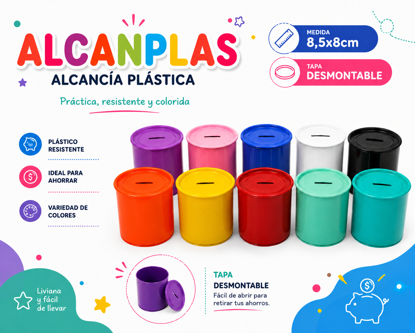 alcancia de plástico tapa desmontable. Colores Fuertes / Pasteles. Medidas:8,5x8cm 