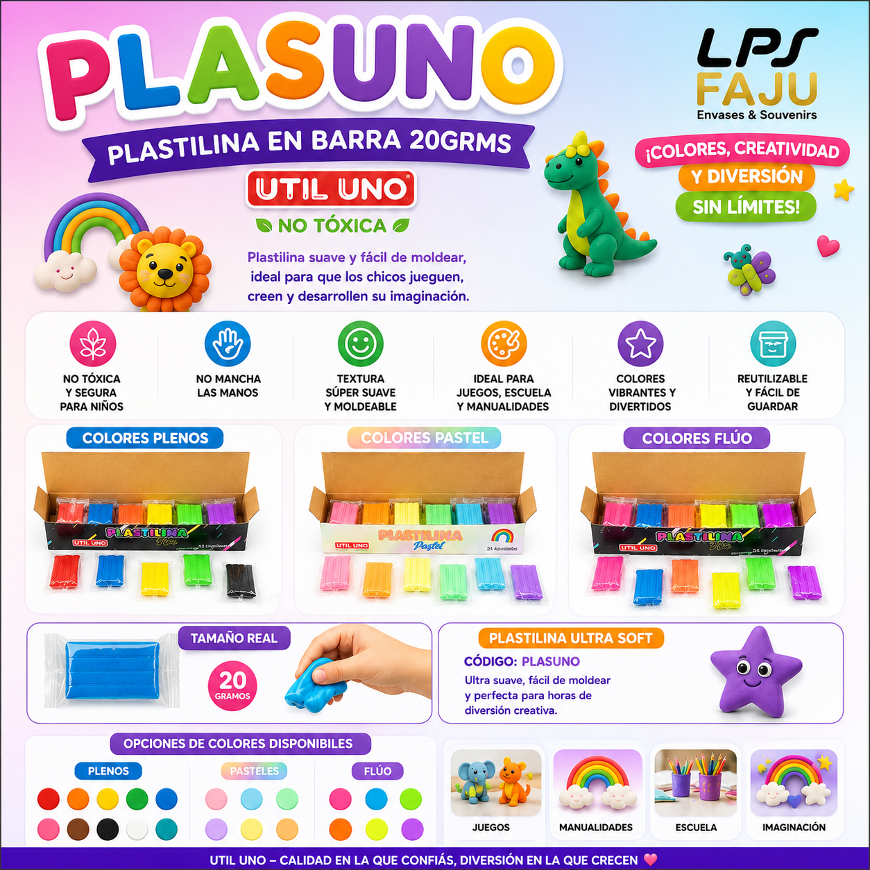 ¡Diversión, color y creatividad para los más chicos!No tóxica, segura y no mancha las manos, perfecta para jugar sin preocupaciones. 
Opciones de colores disponibles: Colores plenos(SIN STOCK MOMENTANEAMENTE), Colores pasteles y Colores flúo. (Se puede elegir Tonalidad pero no el color, se venden surtidos bajo la modalidad que pidio)
