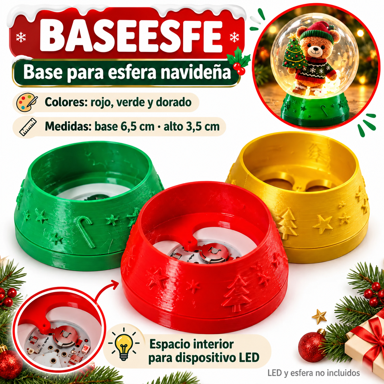 Base para esfera navideña con espacio para LED

DESCRIPCION
Dale un toque especial a tus decoraciones de Navidad con esta base para esfera navideña, diseñada para sostener esferas decorativas y permitir colocar en su interior un dispositivo LED que genere un efecto luminoso. Disponible en rojo, verde y dorado, combina motivos navideños en relieve con un formato compacto, ideal para emprendimientos que buscan bases para esferas, accesorios navideños y productos originales para personalizar sus propuestas.

CARACTERISTICAS
- Material: PLASTICO
- Medidas: 6,5 cm de base x 3,5 cm de alto
- Colores disponibles: rojo, verde y dorado
- Diseño: motivos navideños en relieve
- Espacio interior para colocar dispositivo LED
- Dispositivo LED no incluido
- Esfera no incluida
- Presentación: unidad

USOS E IDEAS
Ideal para armar esferas navideñas iluminadas, centros de mesa, regalos personalizados, decoración de vidrieras y productos para ferias o emprendimientos. Una opción diferente para quienes buscan accesorios para esferas navideñas por mayor y propuestas creativas para Navidad.
Somos LPS FAJU, fabricantes, mayoristas e importadores directos de envases, souvenirs, packaging e insumos para emprendimientos, fiestas y eventos. Fotos ilustrativas.