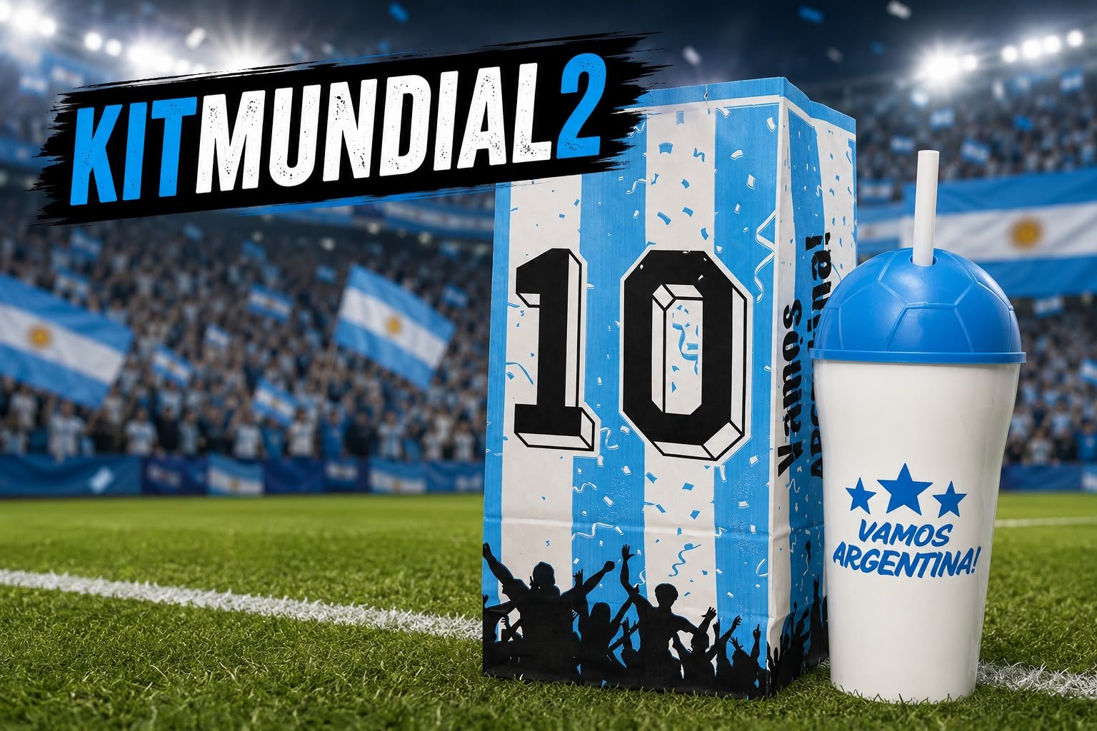 Kit Mundial 2:  incluye: Bolsas de papel Argentina  Medida 25x12x8 cm. 
Vaso Argentina con sorbete color
Modelo Vamos Argentina